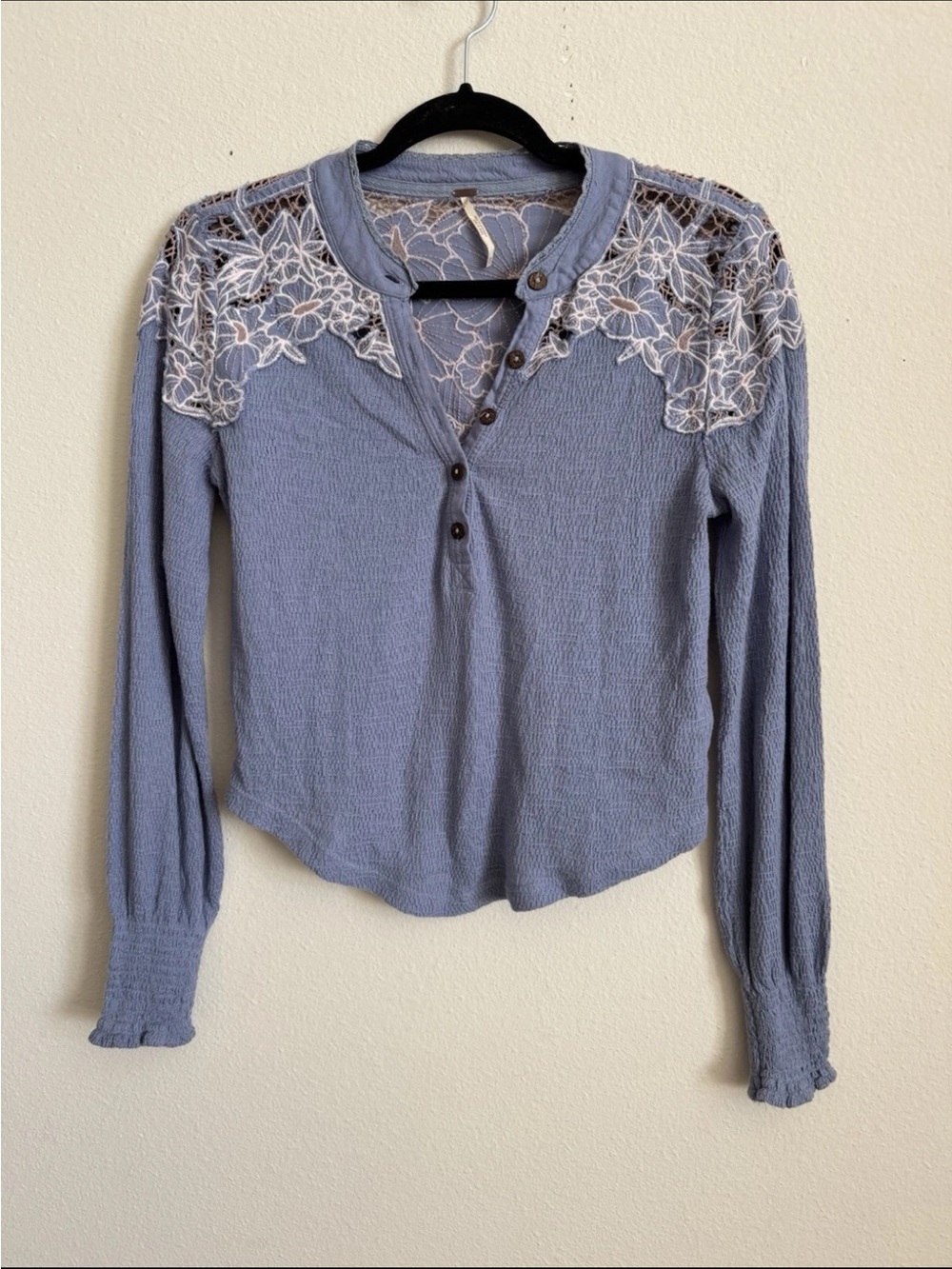 Free People Blue Embroidered Floral Henley Long Sleeve Top XS